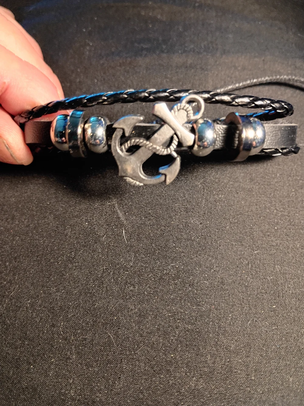 Men's Black Leather Anchor Bracelet with Silver Accents